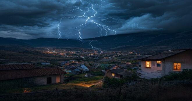 A realistic photo of a lightning storm over a Peruvian landscape with mountains and a small town, dark clouds, lightning bolts striking the ground, and a house with electronic devices visible through