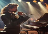 A photorealistic image of a flutist performing on stage, with soft stage lighting and a grand piano in the background. The flutist is holding a silver flute, and the scene conveys elegance and musical
