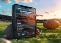 A photorealistic image of a smartphone displaying a music player app with an MP3 file titled 'Quilmes Himno 90 Aniversario', with a football stadium in the background during a sunny day.