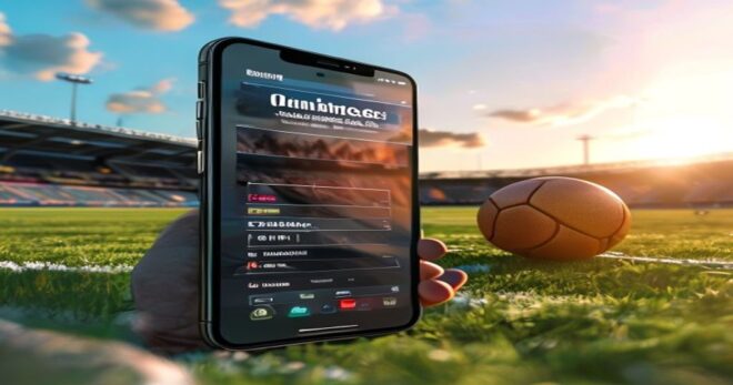 A photorealistic image of a smartphone displaying a music player app with an MP3 file titled 'Quilmes Himno 90 Aniversario', with a football stadium in the background during a sunny day.