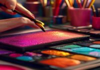 A close-up of a makeup artist applying bold eyeshadow with a brush, surrounded by colorful makeup palettes and brushes on a table, well-lit studio, photorealistic, high detail.