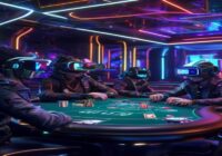 A photorealistic image of a high-tech virtual casino interior with players as avatars wearing VR headsets, sitting around a poker table with holographic cards, neon lights and futuristic design, no te