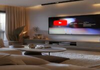 A modern living room with a large Smart TV on the wall, displaying the new YouTube interface with a side menu and a video playing. The room is cozy with soft lighting, a sofa, and a coffee table. Phot