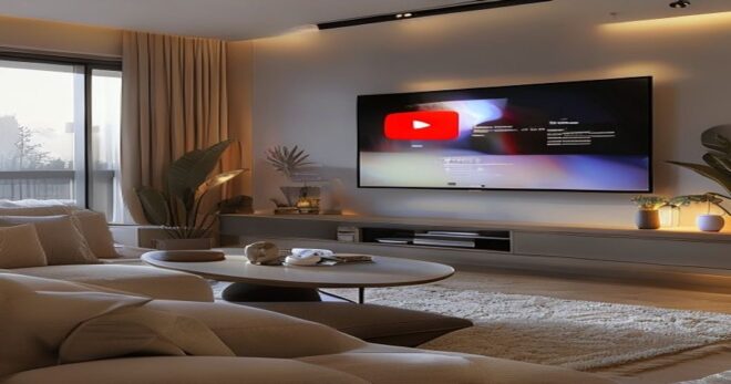 A modern living room with a large Smart TV on the wall, displaying the new YouTube interface with a side menu and a video playing. The room is cozy with soft lighting, a sofa, and a coffee table. Phot