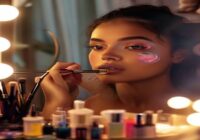 A photorealistic image of a makeup tutorial scene: a young woman with diverse features applying eyeshadow with a brush, in front of a well-lit mirror with makeup products arranged neatly. The backgrou