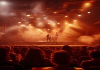 A cozy, dimly lit concert venue with a small stage, a band performing live, and an intimate audience of about 50 people, warm amber lighting, smoke machine, realistic photography style.
