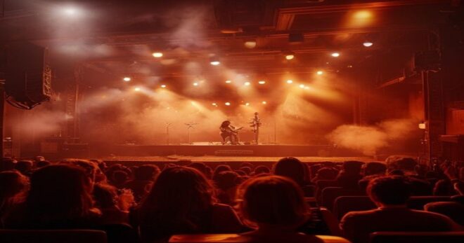 A cozy, dimly lit concert venue with a small stage, a band performing live, and an intimate audience of about 50 people, warm amber lighting, smoke machine, realistic photography style.