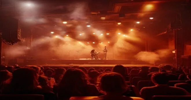 A cozy, dimly lit concert venue with a small stage, a band performing live, and an intimate audience of about 50 people, warm amber lighting, smoke machine, realistic photography style.