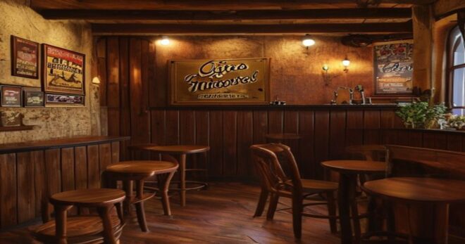 A cozy, dimly lit Spanish bar interior with wooden tables, vintage posters on the walls, and a small stage with musical instruments. A brass plaque on the wall reads 'Aquí nació Hombres G' in elegan