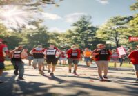 A photorealistic scene of a charity walk in a sunny park, with diverse participants holding banners and wearing red cross vests, a volunteer filming with a smartphone on a gimbal, natural lighting, wi