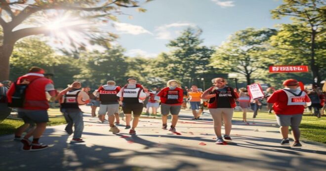 A photorealistic scene of a charity walk in a sunny park, with diverse participants holding banners and wearing red cross vests, a volunteer filming with a smartphone on a gimbal, natural lighting, wi