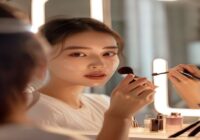 A young woman with a clean, moisturized face, applying foundation with a brush in front of a well-lit mirror. The background shows a tidy vanity with makeup products. Photorealistic, soft natural ligh