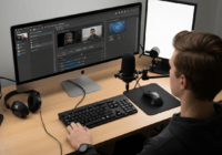 A person setting up a live stream on a computer with OBS Studio interface visible, showing multiple scenes and sources like webcam and game capture. The desk has a microphone, headphones, and good lig
