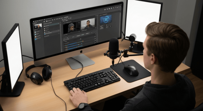 A person setting up a live stream on a computer with OBS Studio interface visible, showing multiple scenes and sources like webcam and game capture. The desk has a microphone, headphones, and good lig