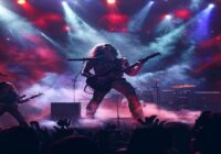 A photorealistic concert scene of Dragonforce performing on stage with Alissa White-Gluz singing, dramatic lighting, smoke, energetic crowd, guitars and drums visible, high detail, no text or logos.