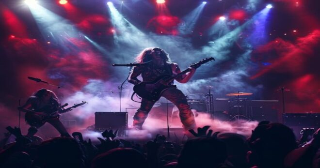 A photorealistic concert scene of Dragonforce performing on stage with Alissa White-Gluz singing, dramatic lighting, smoke, energetic crowd, guitars and drums visible, high detail, no text or logos.