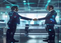 A photorealistic image of two business professionals shaking hands in a modern tech office, with digital network connections and software code floating in the background, symbolizing a strategic partn
