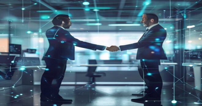 A photorealistic image of two business professionals shaking hands in a modern tech office, with digital network connections and software code floating in the background, symbolizing a strategic partn