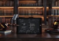 A photorealistic image of a modern law office with a tablet showing AI legal software interface, surrounded by law books and a gavel, with a warm, professional atmosphere.
