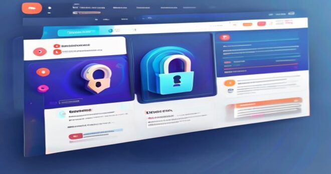 A photorealistic image of a modern website interface with fast loading indicators, a padlock icon for security, and image formats like WebP and AVIF displayed as labels. Clean design, bright colors, n