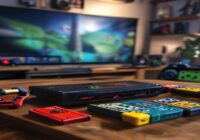A photorealistic image of a Nintendo Switch console placed on a wooden table, with several popular game cartridges like Mario Kart, Zelda, and Animal Crossing around it. The background shows a cozy ga