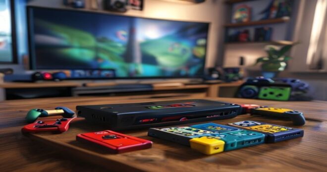A photorealistic image of a Nintendo Switch console placed on a wooden table, with several popular game cartridges like Mario Kart, Zelda, and Animal Crossing around it. The background shows a cozy ga
