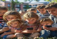 A photorealistic image of a diverse group of European children, aged 8-12, sitting together in a park, looking at a smartphone held by one child, with a mix of happy and concerned expressions. In the