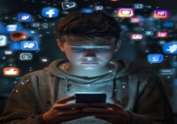 A photorealistic image of a teenager looking at a smartphone with a worried expression, surrounded by social media icons floating in the air, in a dimly lit room.