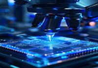 Photorealistic image of a semiconductor wafer being inspected under a microscope in a cleanroom, with blue lighting and robotic arms, high detail, no text.