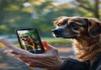 A photorealistic image of a person holding a smartphone showing a video recording of a dog being mistreated, with a blurred background of a park. The person looks concerned and is pointing at the scre