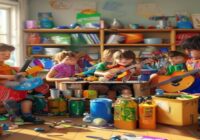 A group of children in a classroom building musical instruments from recycled materials like plastic bottles, cardboard boxes, and tin cans. Bright, colorful, educational setting, photorealistic style