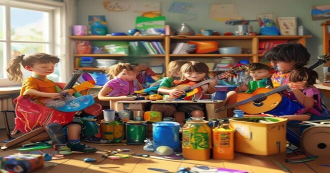 A group of children in a classroom building musical instruments from recycled materials like plastic bottles, cardboard boxes, and tin cans. Bright, colorful, educational setting, photorealistic style