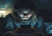 A photorealistic image of a teenage girl looking at her smartphone with a worried expression, sitting alone on a bed in a dimly lit room. The screen shows multiple social media notifications. The atmo