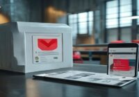 A photorealistic image of a Japanese ballot box with a smartphone displaying a social media app next to it, with a red stamp saying 'FAKE' over some posts, in a modern voting booth setting.