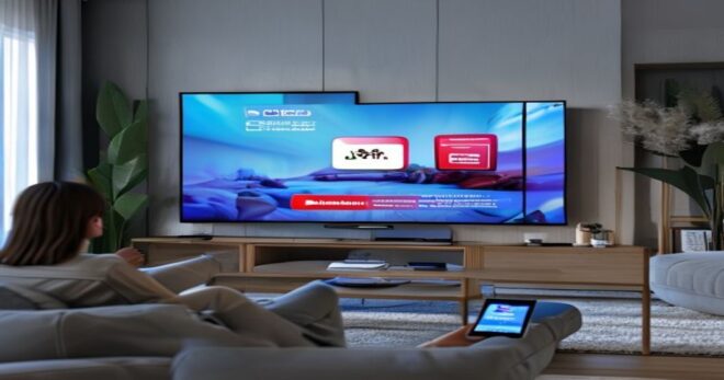 A photorealistic image of a modern living room with a large TV screen displaying a YouTube ad that shows a product with a 'Shop Now' button overlay. A person is using a smartphone, and the scene conve