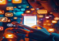 A photorealistic image of a person using a smartphone with a glowing search bar interface, surrounded by floating icons representing conversions like shopping cart, download arrow, and checkmark. Mode
