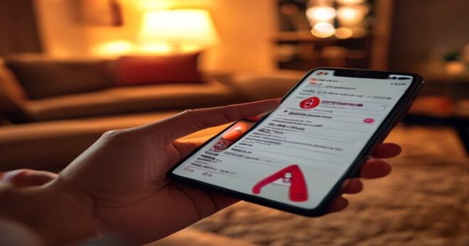 A realistic photo of a smartphone screen displaying a TikTok video with a blurred background. The video shows a hand pointing to a fake registration form with warning signs like a red stop symbol. The