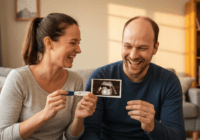A joyful couple holding a positive pregnancy test and a sonogram photo, smiling at each other in a cozy living room with warm lighting. Photorealistic, high detail, no text.