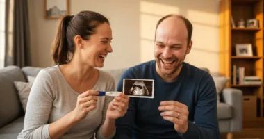 A joyful couple holding a positive pregnancy test and a sonogram photo, smiling at each other in a cozy living room with warm lighting. Photorealistic, high detail, no text.