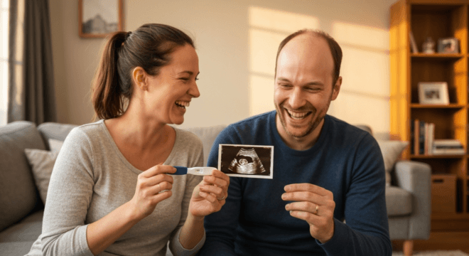 A joyful couple holding a positive pregnancy test and a sonogram photo, smiling at each other in a cozy living room with warm lighting. Photorealistic, high detail, no text.