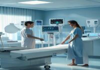 A photorealistic image of a modern mammography machine in a clean, well-lit hospital room. A female technician is adjusting the equipment while a woman in a medical gown stands beside it, looking calm