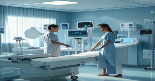A photorealistic image of a modern mammography machine in a clean, well-lit hospital room. A female technician is adjusting the equipment while a woman in a medical gown stands beside it, looking calm