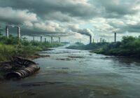 A photorealistic image of a polluted river with visible industrial discharge pipes, surrounded by green vegetation, under a cloudy sky, no text or logos.