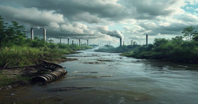 A photorealistic image of a polluted river with visible industrial discharge pipes, surrounded by green vegetation, under a cloudy sky, no text or logos.