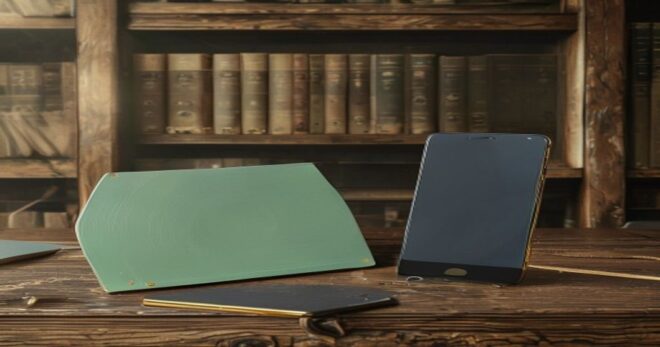 A photorealistic image of a vintage floppy disk and a modern smartphone side by side on a wooden desk, with a dusty archive shelf in the background, symbolizing the contrast between analog and digital