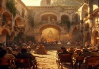 A photorealistic image of a concert in a Renaissance courtyard in Úbeda, Spain, with musicians playing classical instruments on a stage, surrounded by historic stone arches and an audience seated on