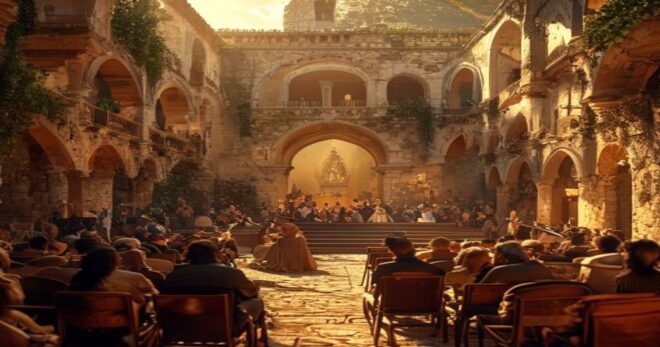 A photorealistic image of a concert in a Renaissance courtyard in Úbeda, Spain, with musicians playing classical instruments on a stage, surrounded by historic stone arches and an audience seated on