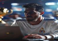 A photorealistic image of a football fan watching a emotional farewell video on a laptop, with a Real Madrid jersey and a trophy in the background.
