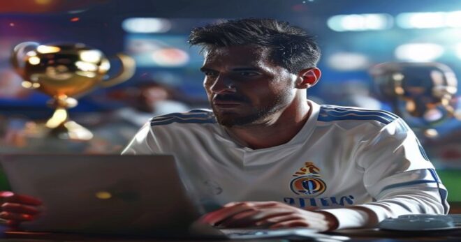 A photorealistic image of a football fan watching a emotional farewell video on a laptop, with a Real Madrid jersey and a trophy in the background.