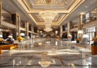 Photorealistic image of a luxury hotel lobby being renovated, with workers in hard hats and blueprints, elegant chandeliers and marble floors, modern and upscale atmosphere.